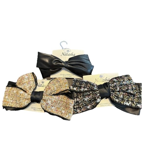 Natasha Hair Bow Clip Bundle Tweed Faux Leather Large Hair Accessories Set NWT - Picture 1 of 7